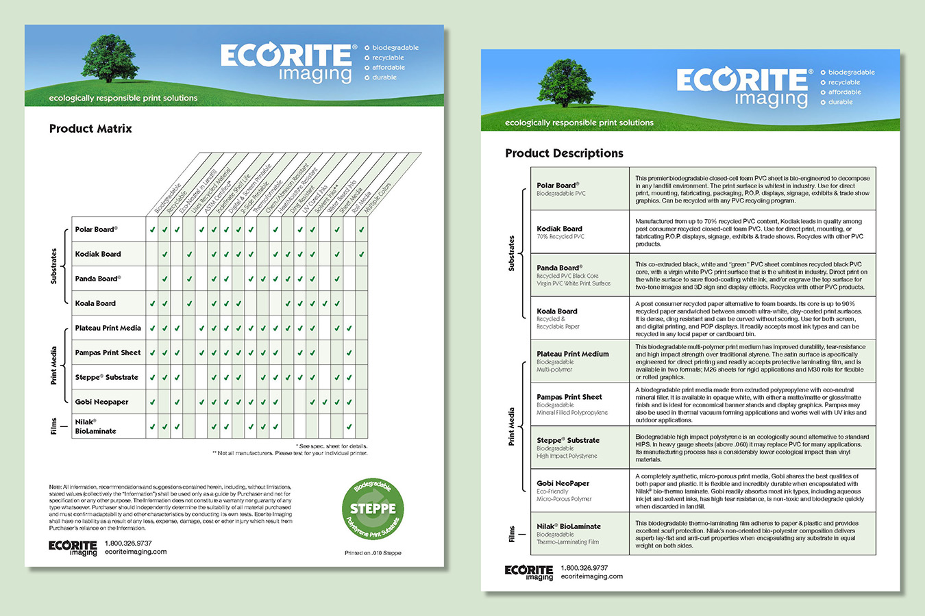 ecorite 12 : Product Matrix Descriptions printed on Steppe biodegradable polystyrene