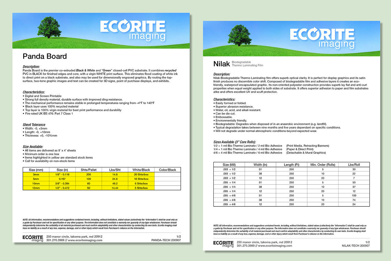 ecorite 13 : Spec sheets for Panda Board (B&W co-extruded recycled PVC) & Nilak (Bio thermal laminate)