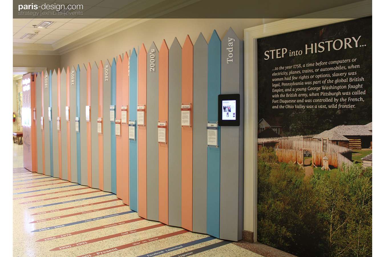 1W FTLIG Timeline Entry  : Visitors walk along a reverse timeline leading from today to 1758 Fort Ligonier