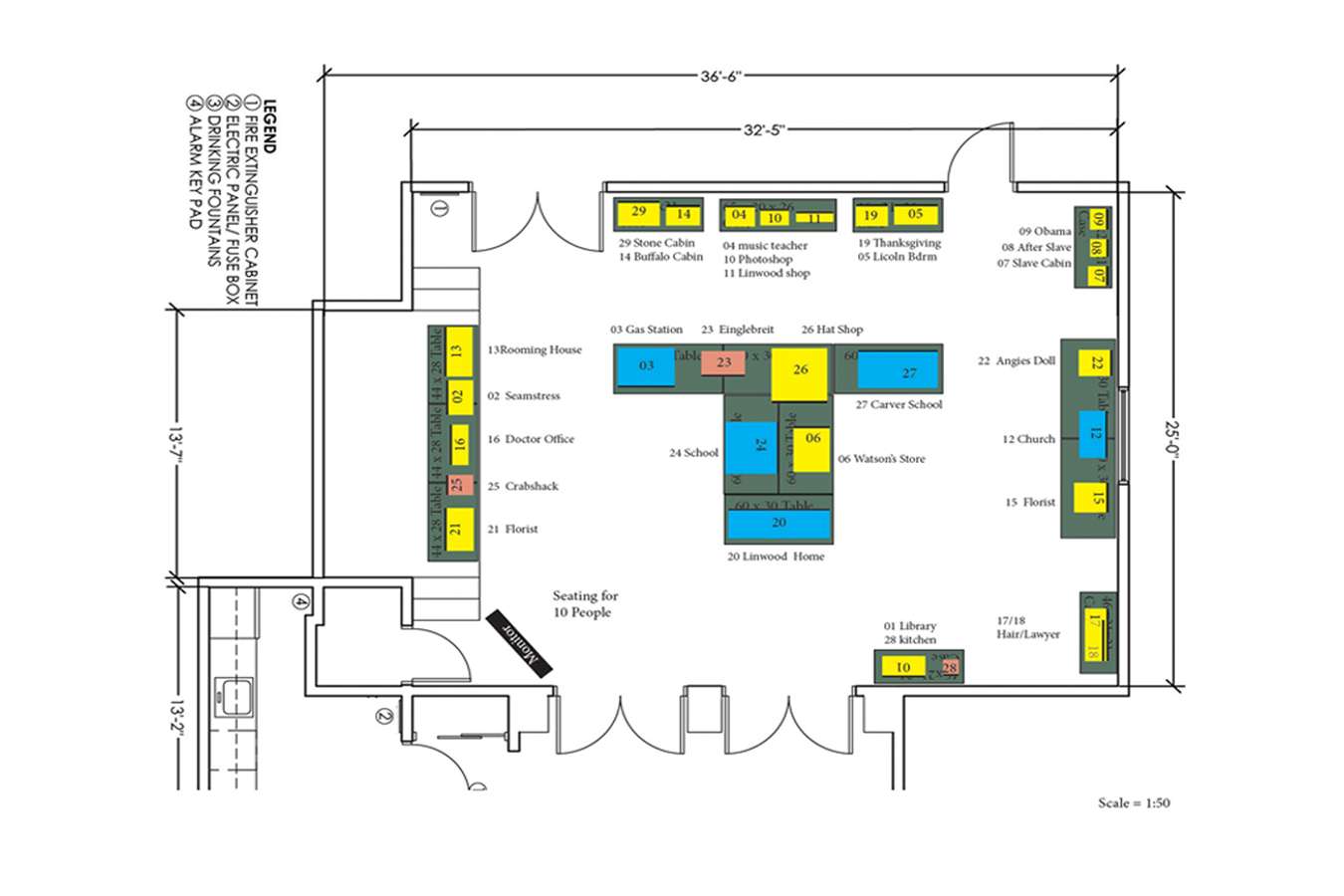 ABHM Dollhouse Fplan : Floorpan for Dollhouse Exhibit with Circular Flow and Theater Seating for 10