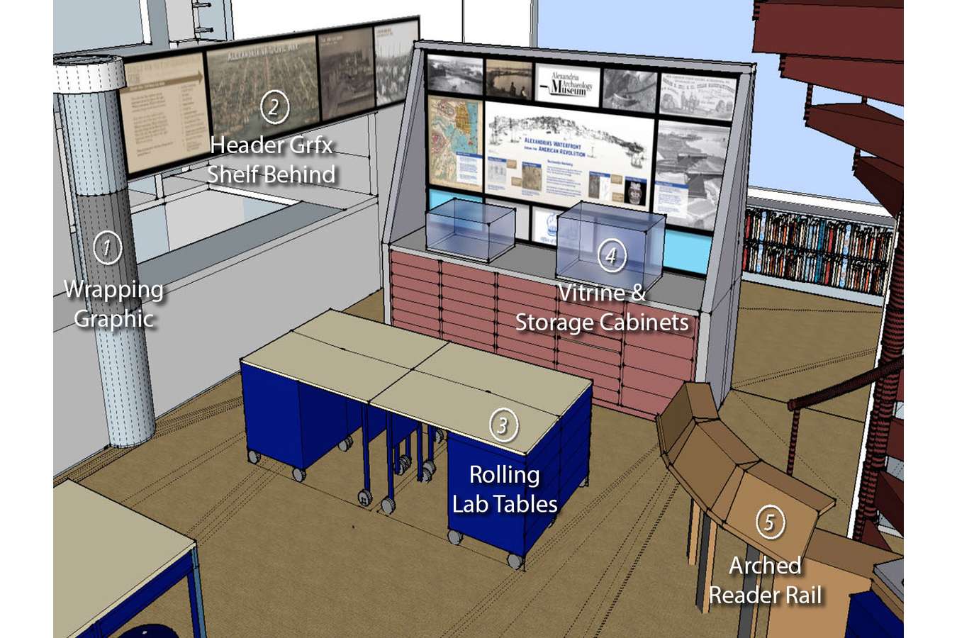 2 CAAM Divider Wall : Divider wall separates public and staff space providing storage and display area for artifacts