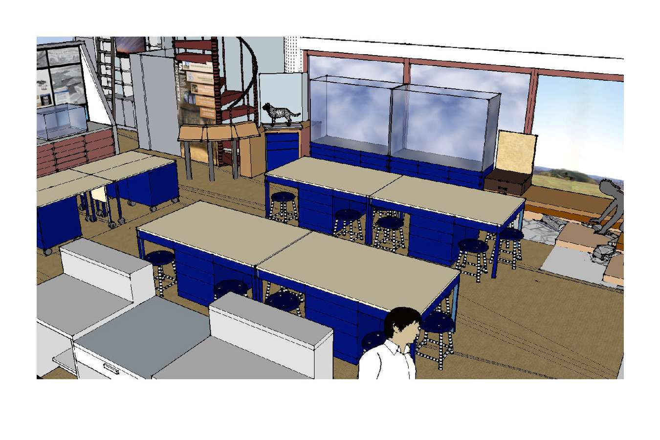 1 CAAM 7-16 12x9 pg1 : View across reconfigurable lab tables toward archeology demo area and artifact cases