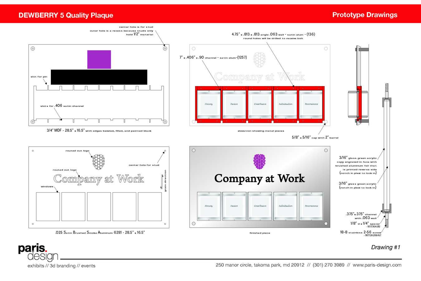 2013 DEWB 5 Quality Plaque : 5 Qualities of "Dewberry at Work" design drawing with word and definition on opposite sides