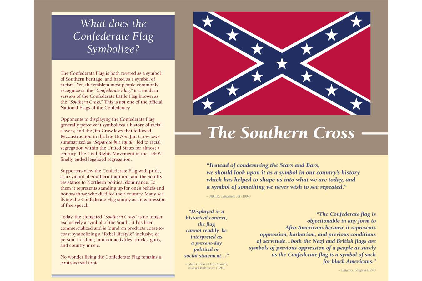 DMFAH 5 Symbol : Presenting three diverse opinions about this divisive symbol allows visitors to consider opposing views. A book is provided for visitor comments. Visitor feed back from all sides has been overwhelmingly positive.