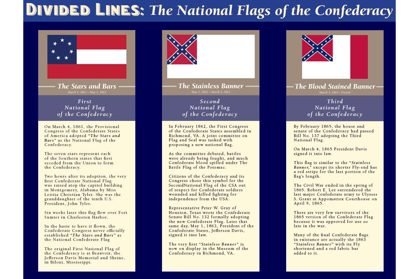 DMFAH 3 CFLAG 3 flags : There were 3 different Flags used by the Confederacy during the Civil War. As the war progressed the Confederate flag evolved to reflect changing attitudes and practical use of the banner
