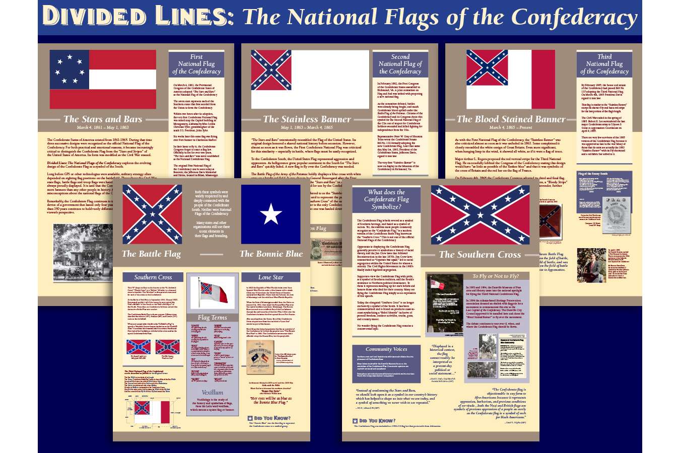 DMFAH 2 Flag 5 Panes : Vexillology is the study of the history and symbolism of flags, from the Latin word Vexillum, which means a square flag or banner. The exhibit briefly presents the many threads of symbology, history, popular opinion and practicality woven into the design of the Confederate Flag.