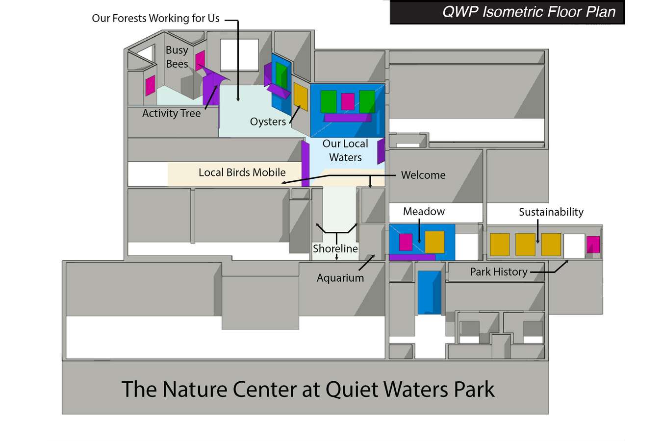 2 QWP MB 3D ISO 2014  : Isometric view of upper level floorpan showing main thematic areas.