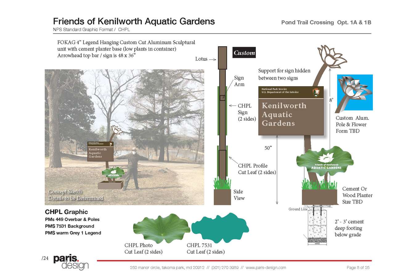 7 Drwg Comp lotus : Over a year was spent developing a variety of customized site specific, and NPS standard signs for the Park. Concept Sketch, for a lotus -form welcome sign.