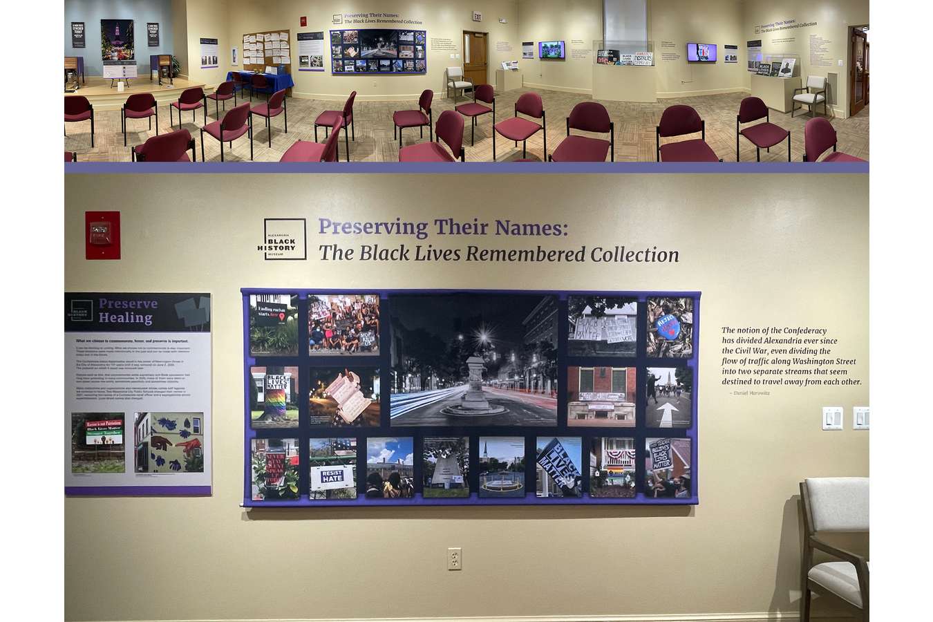 8 Entry Pano : The entry banner, monitors and cases display a variety of the community's collected expressions surrounding the Black Lives Matter movement.