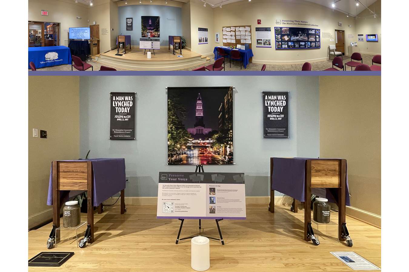 7 Stage Pano : Wood vessels hold soil from the ground where Joseph McCoy and Benjamin Thomas were lynched in Alexandria. Rememberance Banners hang in Alexandria each year on the dates of the lynchings.