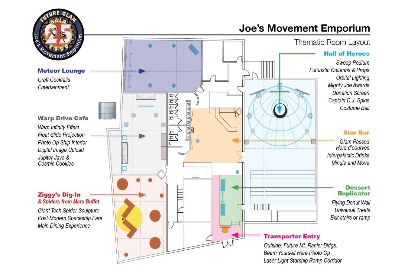 2D J-Glam Floorplan : Each studio area at Joe's Emporium was themed and stylized to convert the interior building space into a starship.